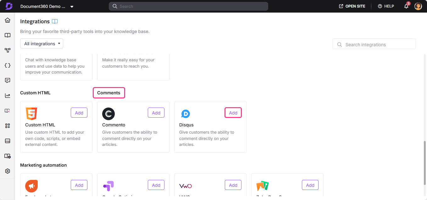 Integration options for comments, including Custom HTML, Commento, and Disqus features.