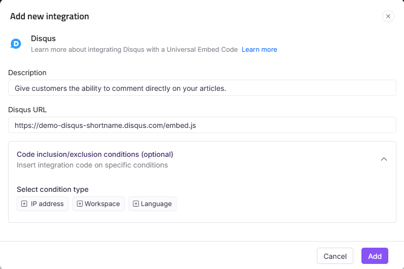 Integration setup for Disqus with description and URL fields highlighted.