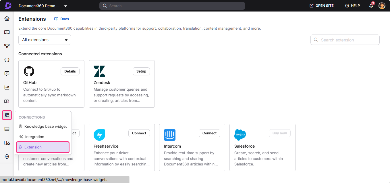 Document360 interface showing connected extensions and integration options for support tools.