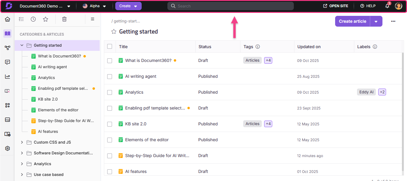 Document360 interface showing articles, categories, and options for creating new content.