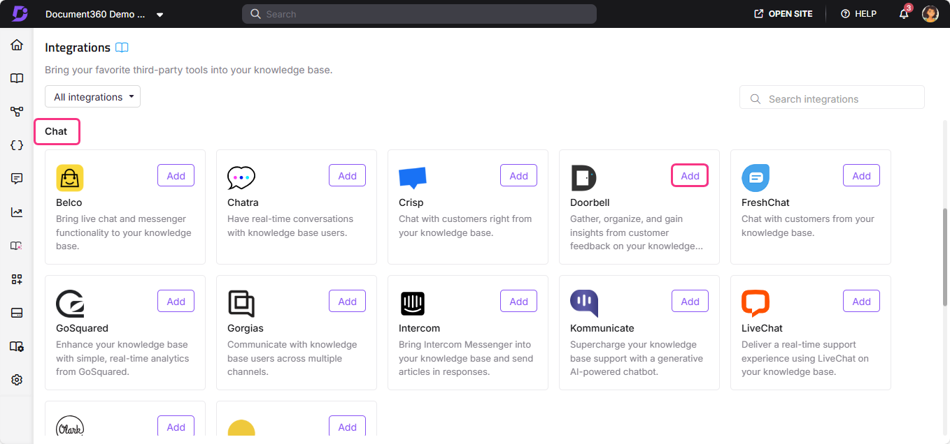 Integration options for chat tools displayed in a knowledge base interface.