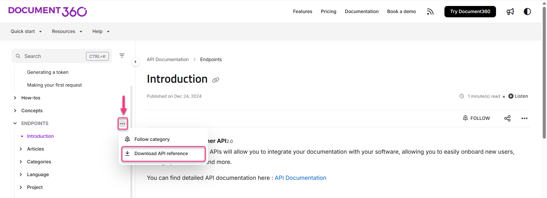 Document360 interface showing API documentation with options to follow and download reference.