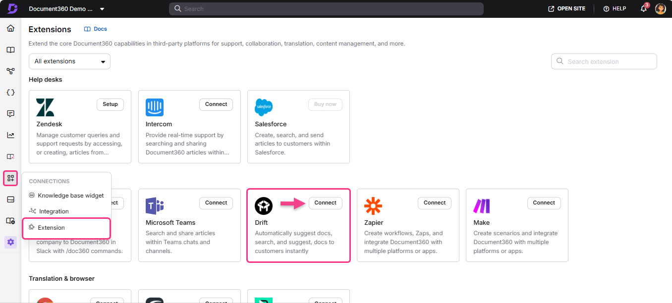 Document360 extensions page showing various integrations including Drift and Microsoft Teams.