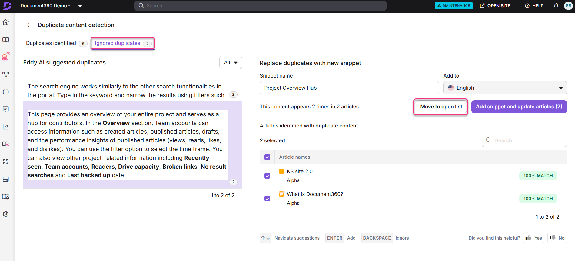 Overview of project hub with duplicate content detection and suggested duplicates highlighted.