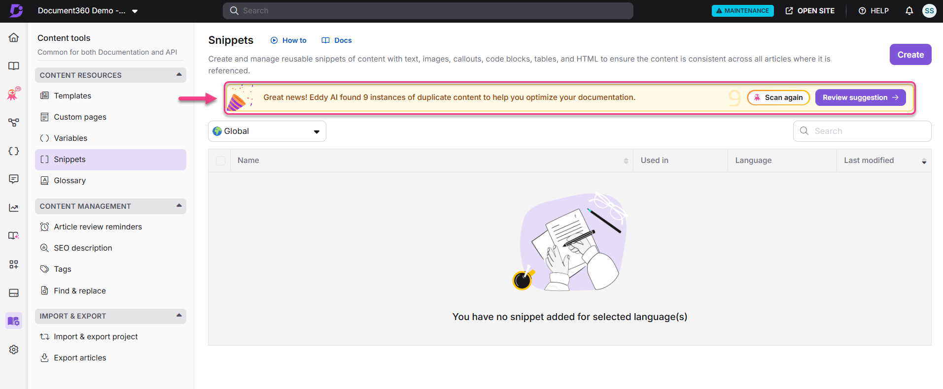Document360 interface showing snippets management and duplicate content alert message.