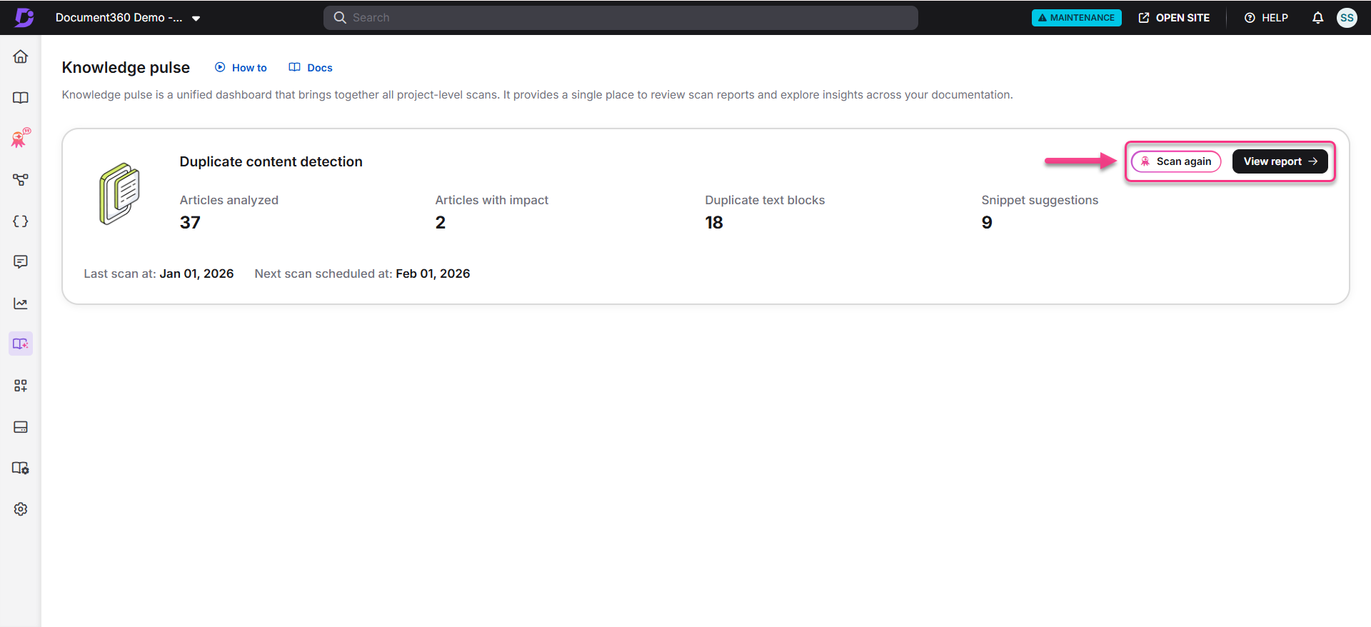 Dashboard displaying duplicate content detection with scan results and action buttons.