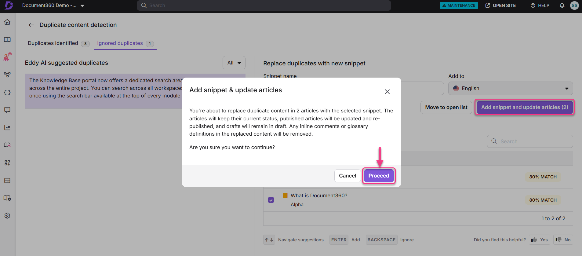 Dialog box for updating articles and replacing duplicate content in Document360.