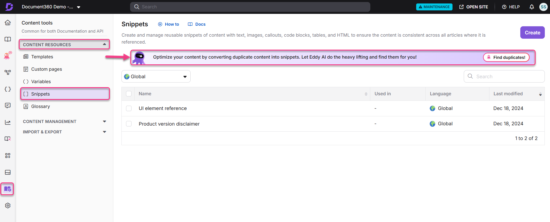Document360 interface showing snippets management and content optimization features.