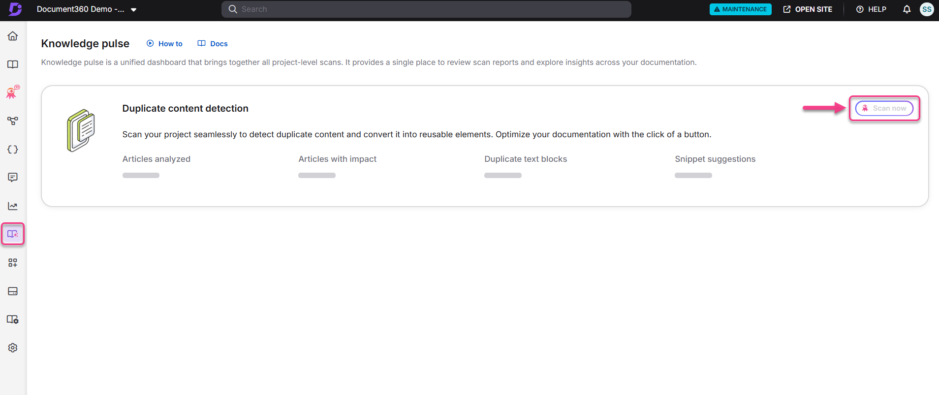 Dashboard displaying duplicate content detection and scan options for project optimization.