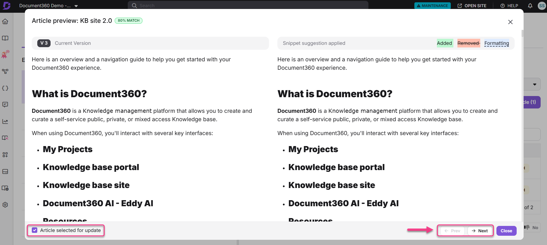 Overview of Document360 features with article update selection highlighted.