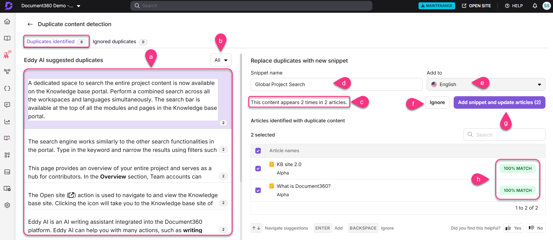 Document360 interface showing duplicate content detection and suggested snippets for articles.
