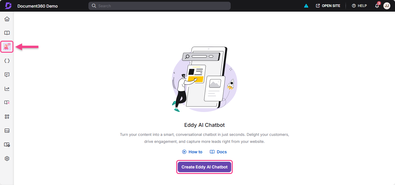 Eddy AI Chatbot interface with highlighted options for creating a chatbot easily.