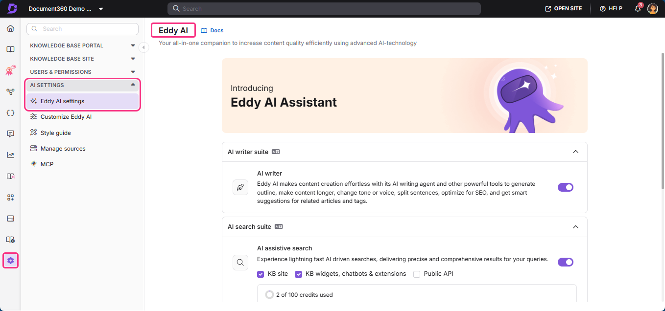 Eddy AI settings page showcasing features for content creation and search assistance.