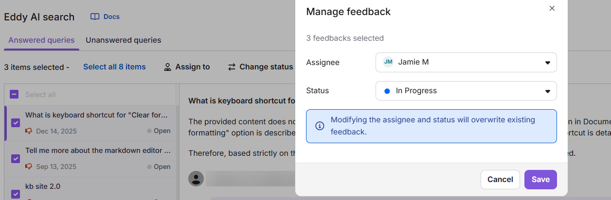 Manage feedback pop-up showing assignee and status options for bulk updates.