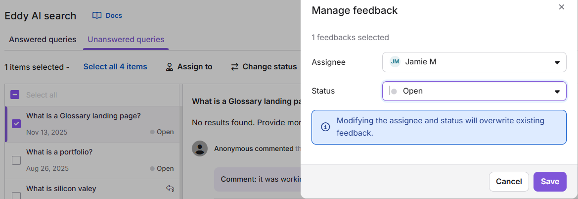 Manage feedback pop-up showing assignee and status options for bulk updates.