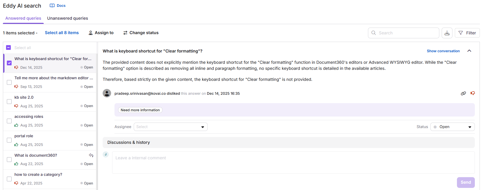 Answered queries feedback list in the Eddy AI Feedback manager portal view.