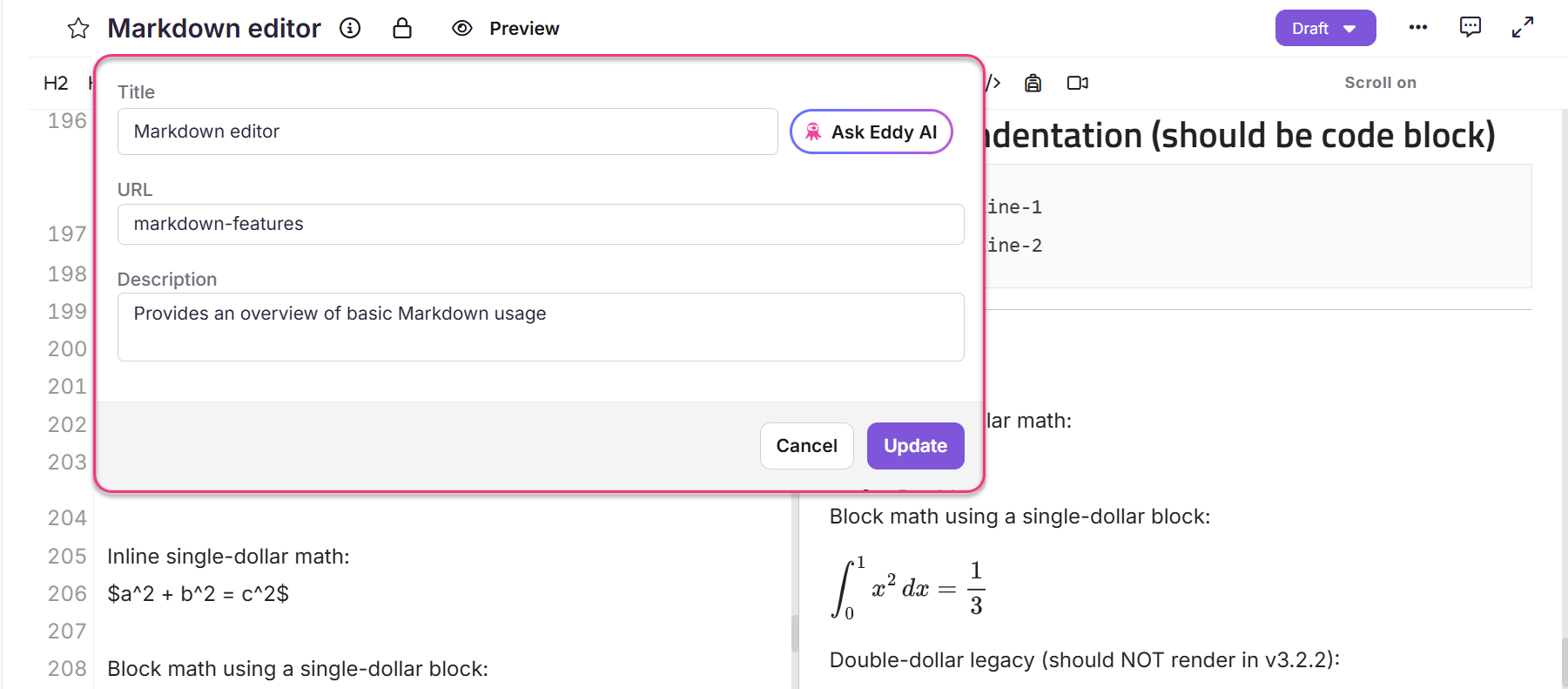 Markdown editor interface displaying title, URL, and description fields for editing.
