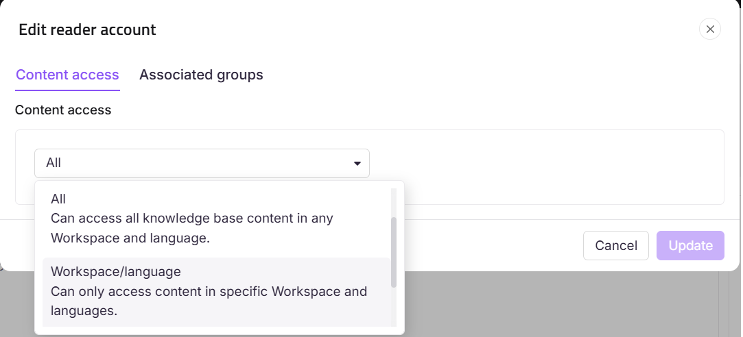 Editing reader account settings for content access and associated groups.