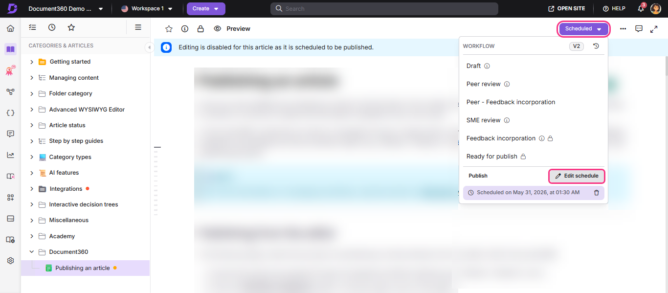 Editing is disabled for a scheduled article in the Document360 interface.