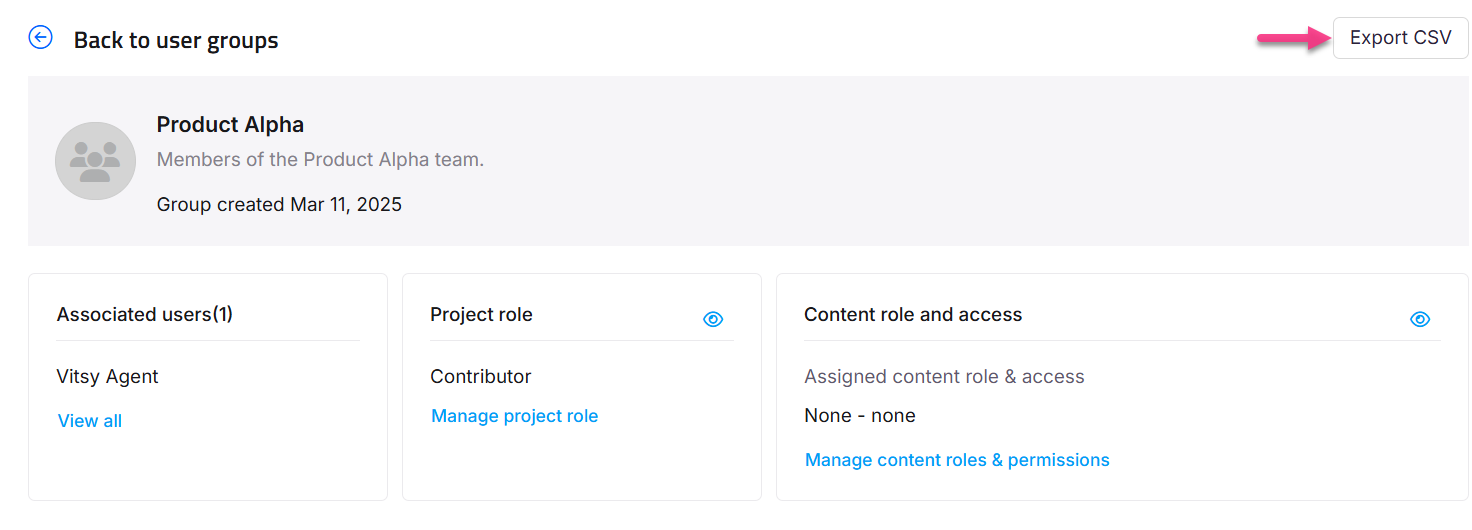 User group details for Product Alpha, including associated users and roles.