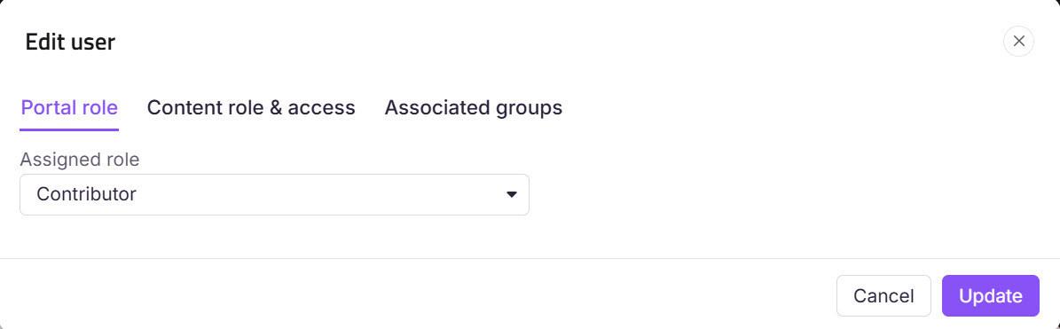 User role editing interface showing assigned role as Contributor and update options.