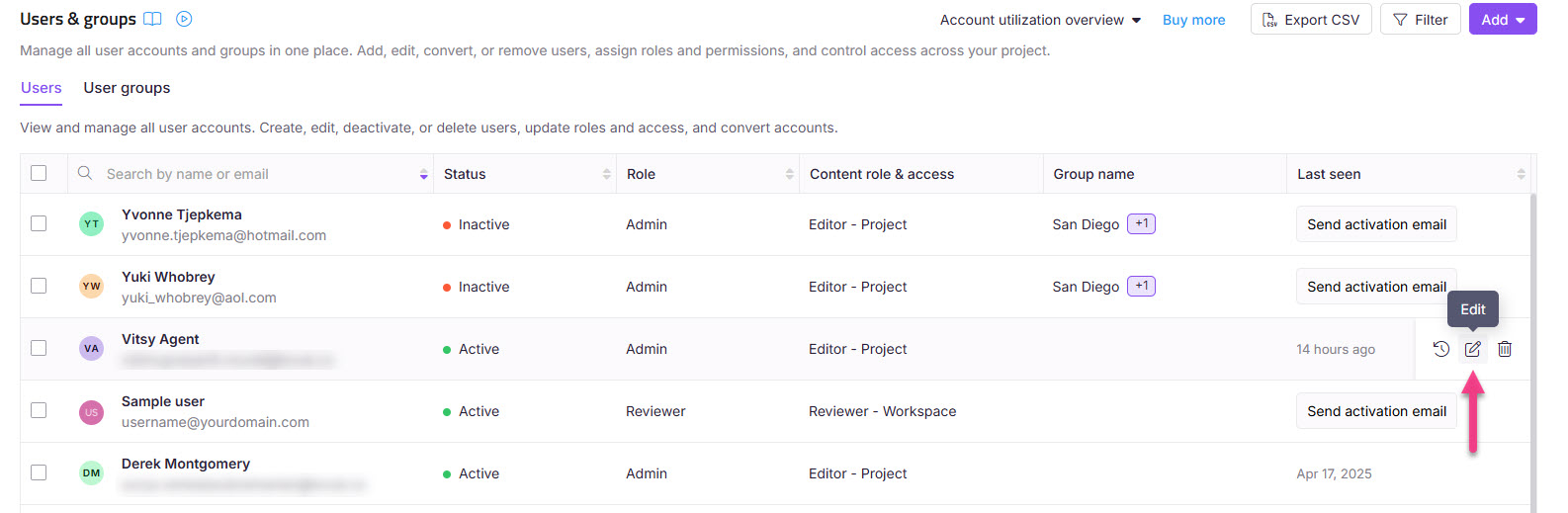 User management interface displaying account statuses, roles, and options to edit users.