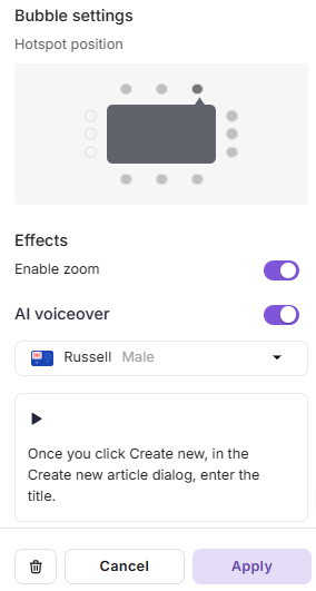 Settings interface for bubble effects, including options for zoom and voiceover features.