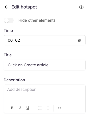 Edit hotspot settings with time, title, and description fields visible.