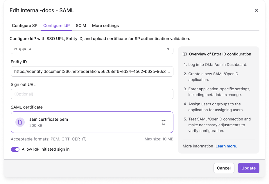 The Allow IdP initiated sign in toggle on the IdP configurations tab