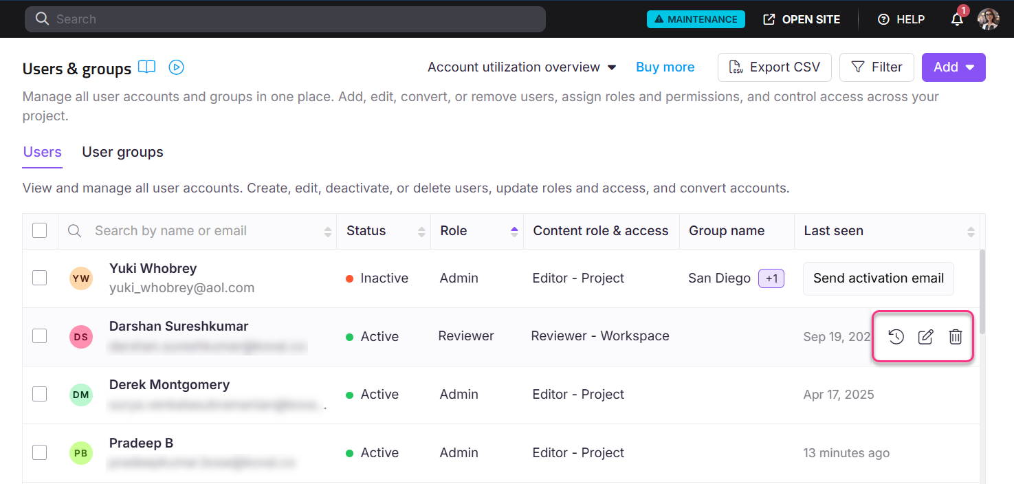 User management interface displaying account statuses, roles, and actions for users.