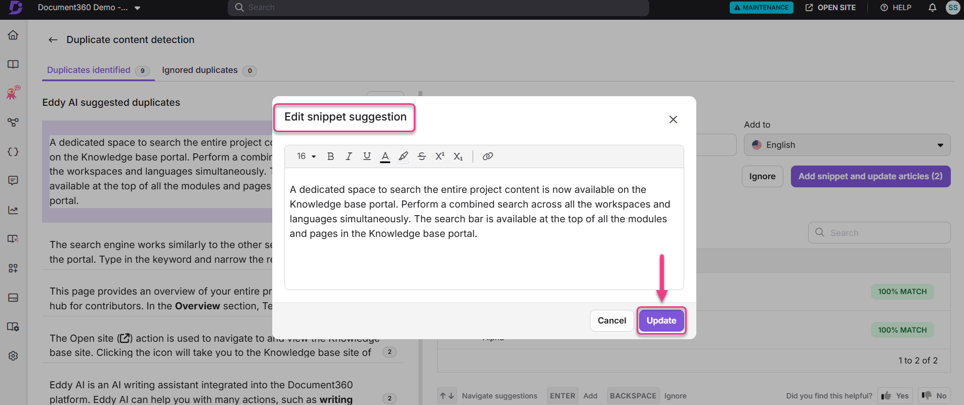 Editing a snippet suggestion for a knowledge base portal with highlighted actions.