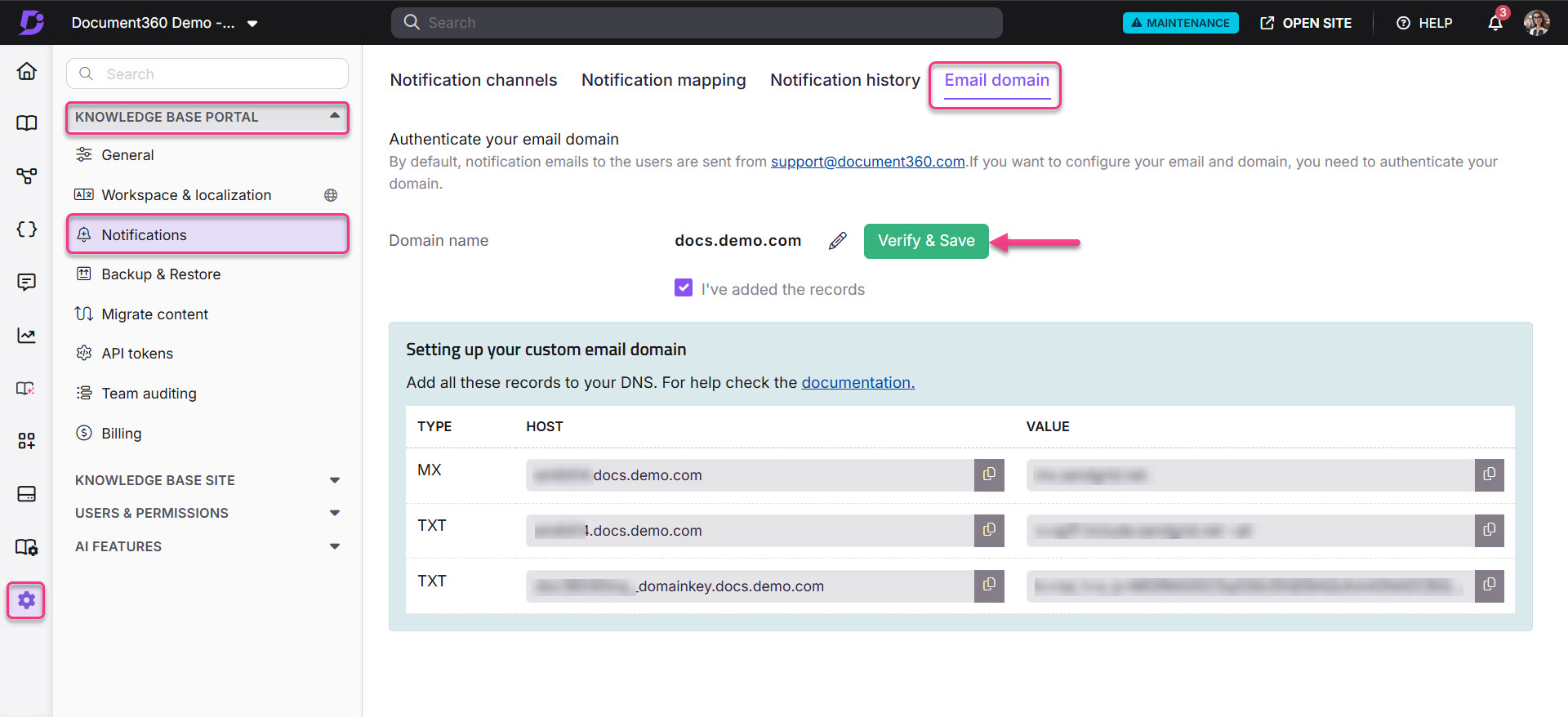 Configuring email domain settings with highlighted options for verification and DNS records.