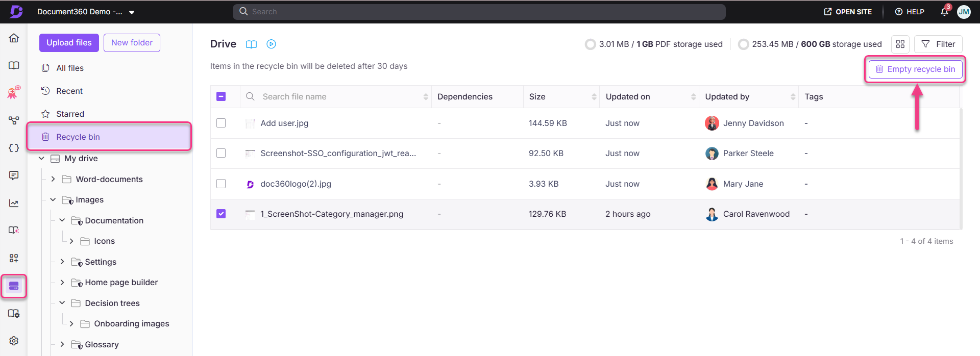 Document360 interface showing the recycle bin and options to manage files.