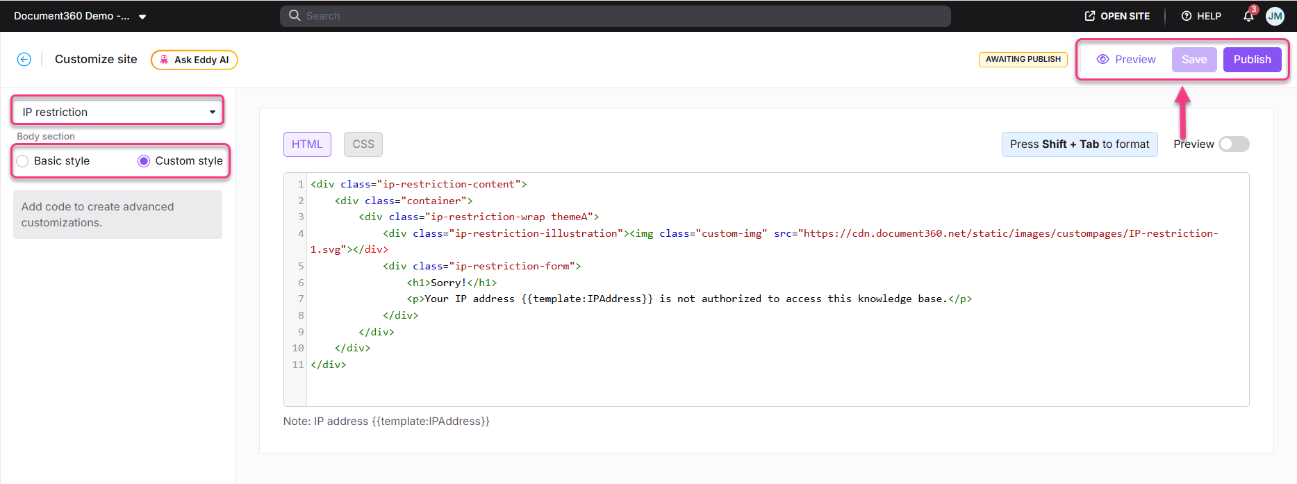 Document360 customization interface showing IP restriction settings and error message.