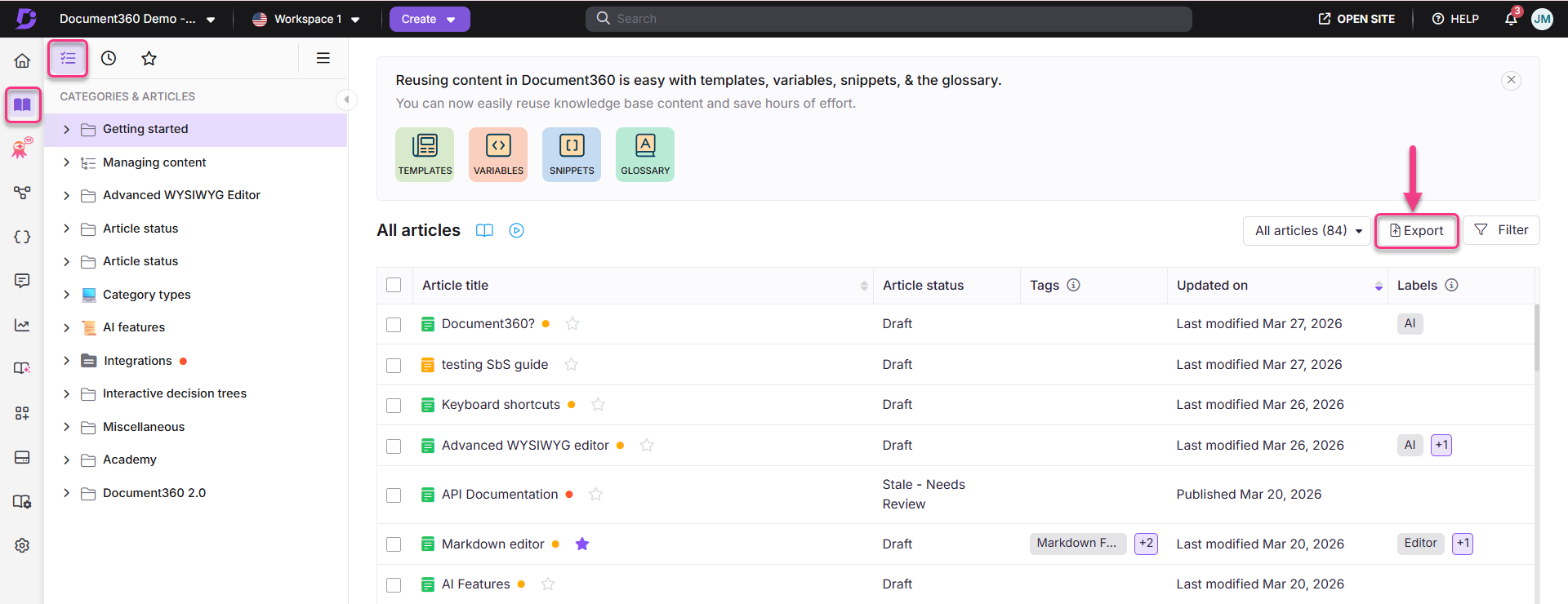 Document360 interface showing article management and export options for knowledge base content.