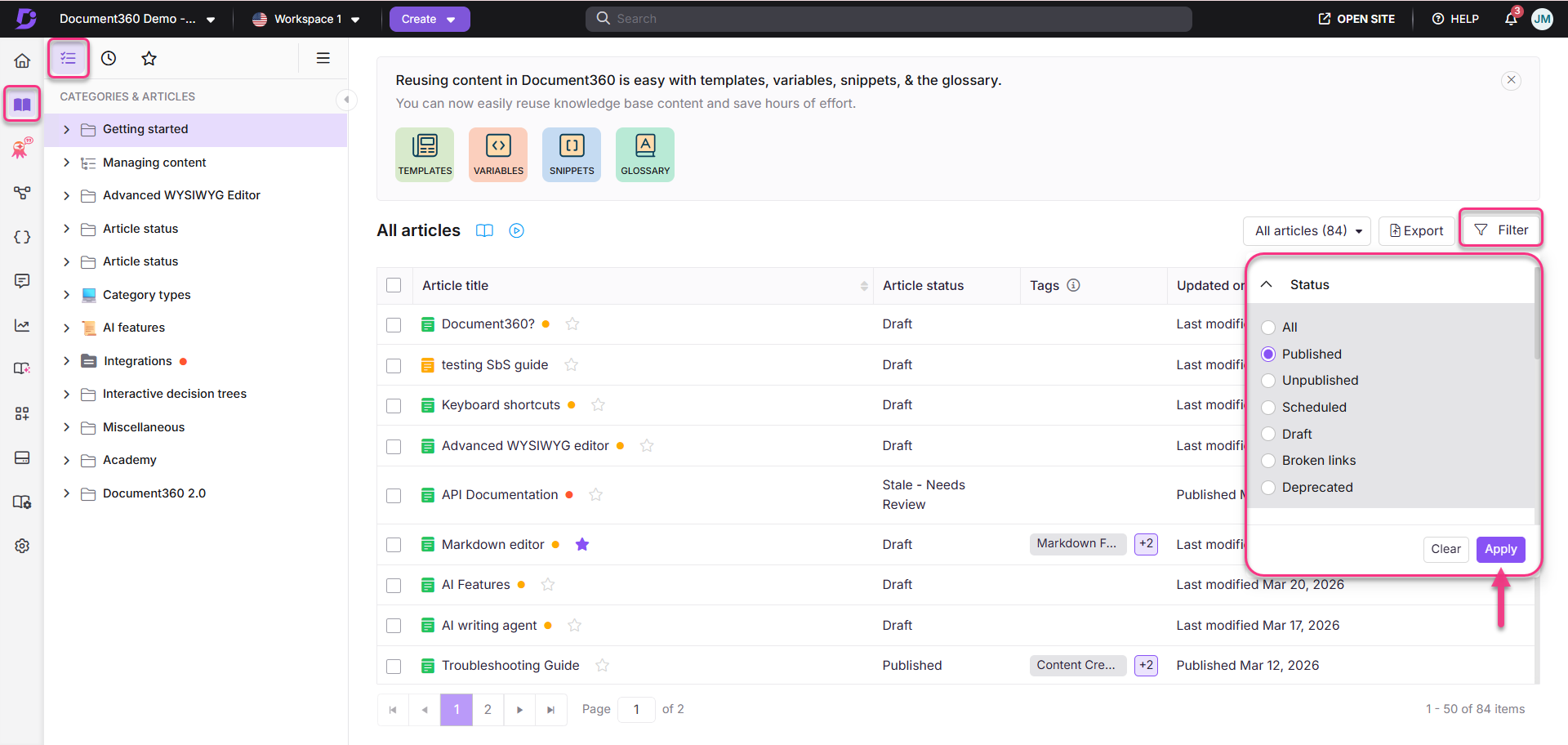 Document360 interface showing article statuses and filtering options for content management.