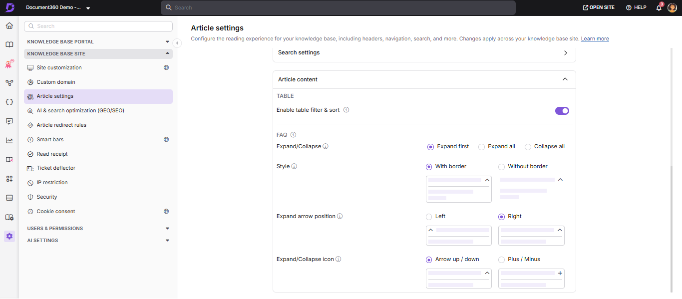 Settings panel showing FAQ display options including expand/collapse and style settings.