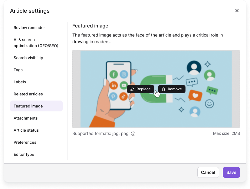 Featured image tab in the Article settings panel showing upload and preview options