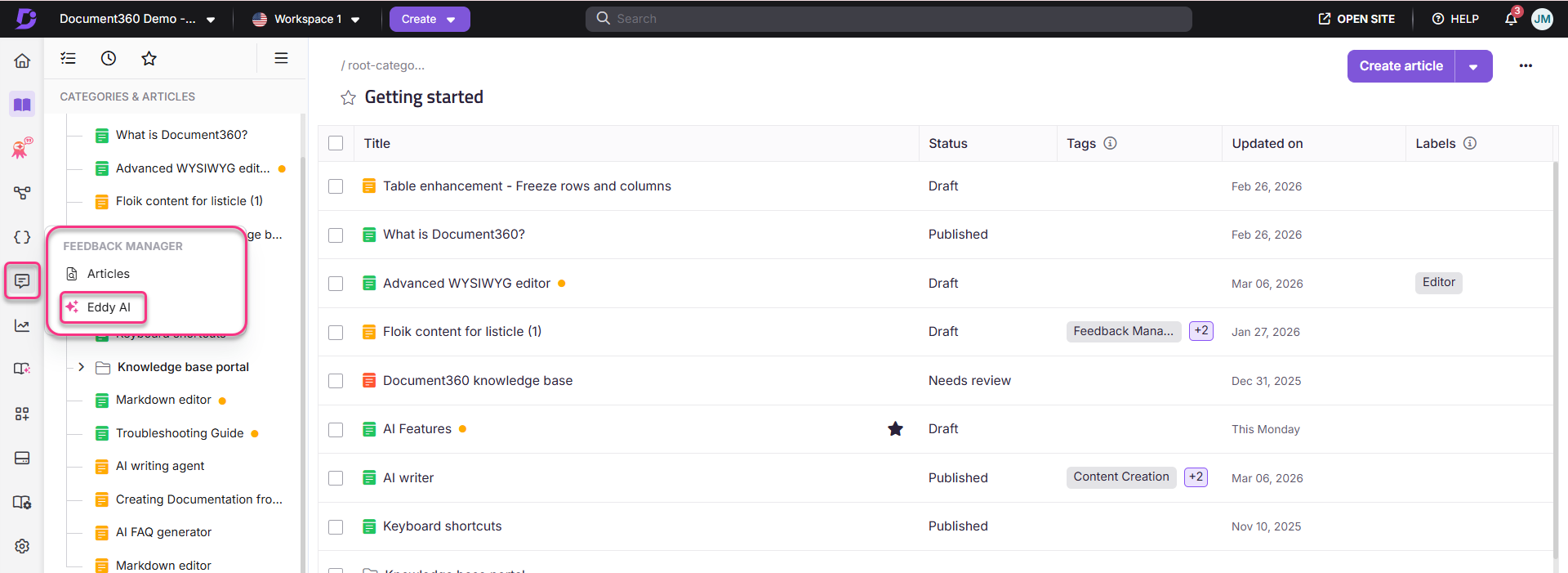 Document360 interface showing articles, categories, and feedback manager options for users.