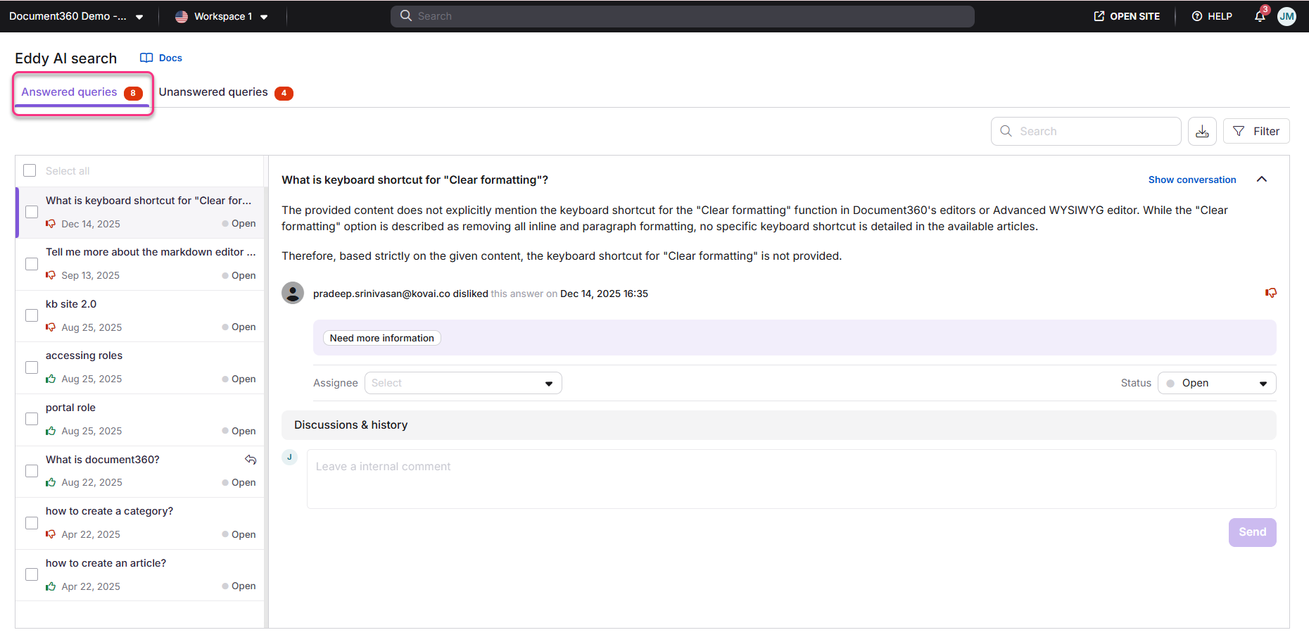 Document interface showing answered and unanswered queries with user interactions and comments.