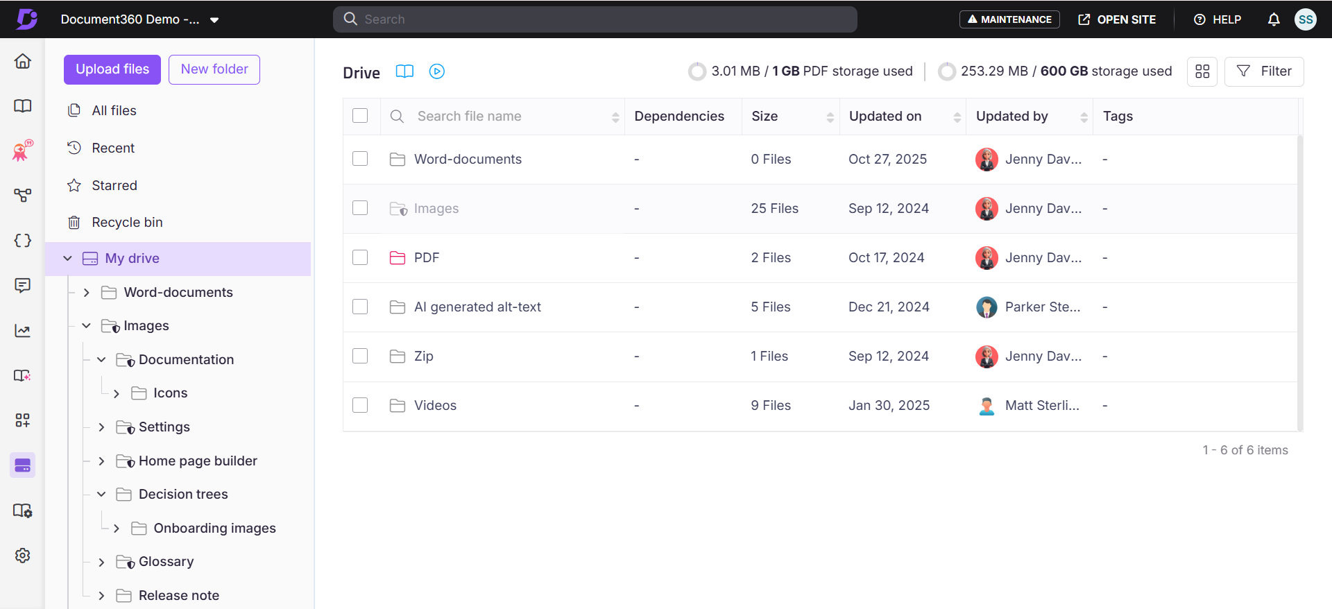 File management interface showing folders, files, and storage usage details.