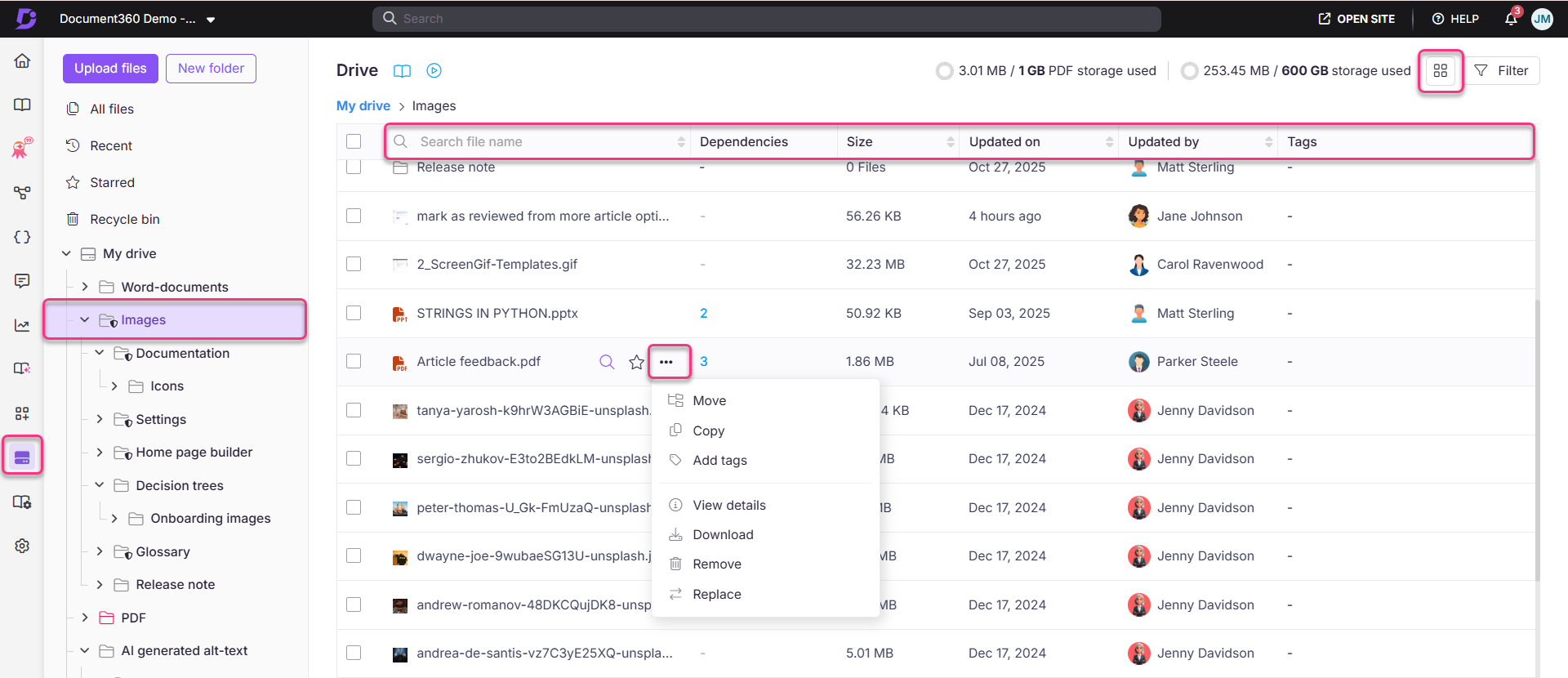 Document360 interface showing file management options and a list of images.