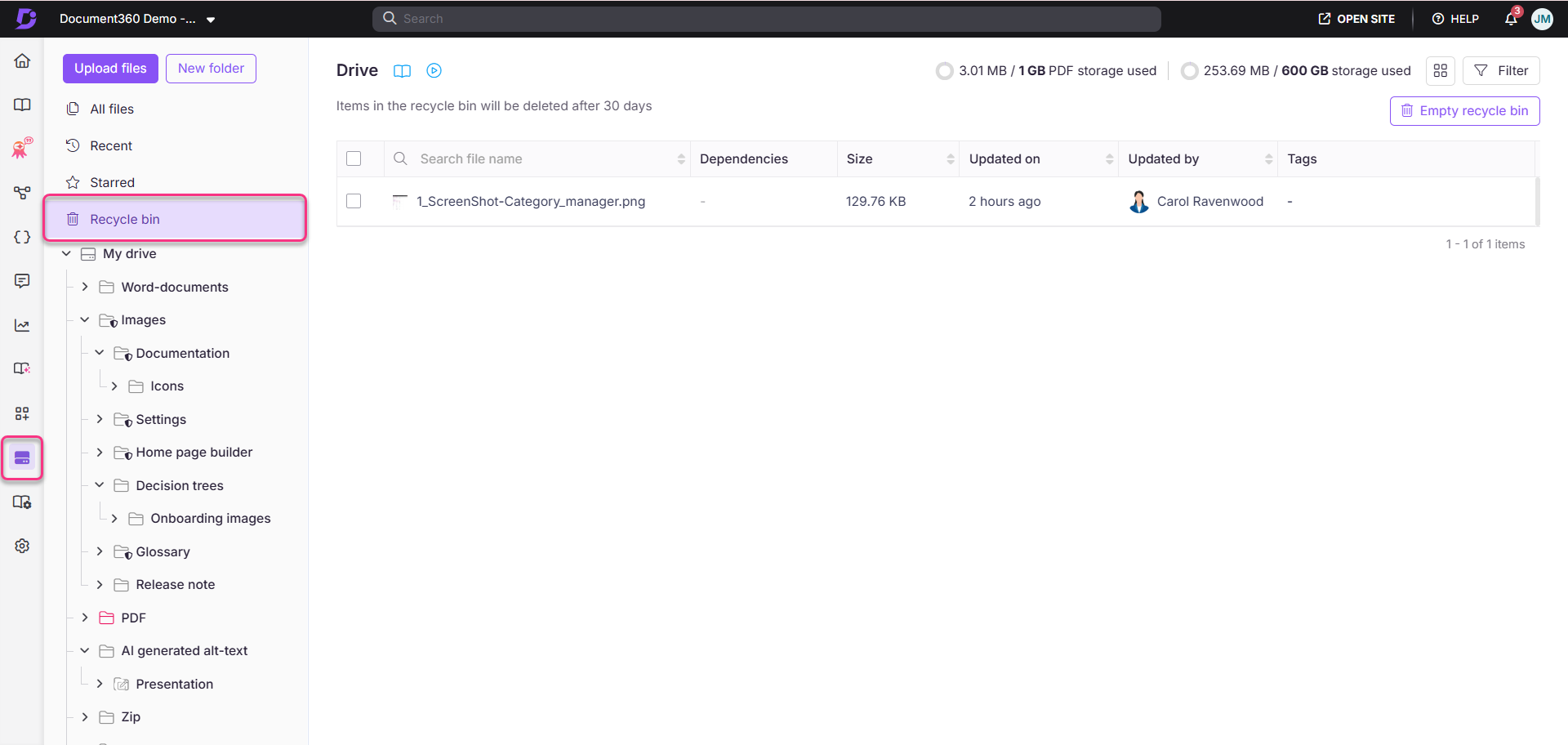 The interface shows a recycle bin with a file listed for deletion.