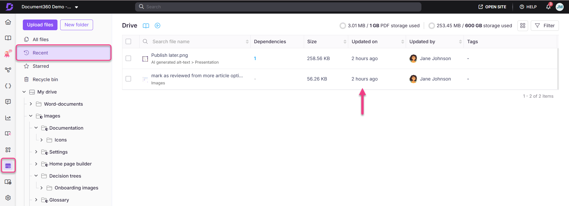 Document360 interface showing recent files with highlighted options for file management.