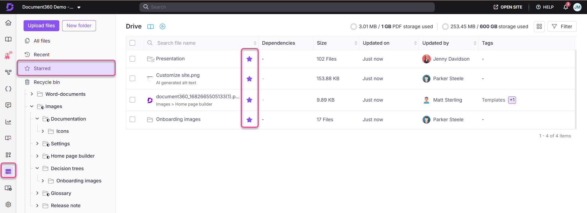 Document360 interface showing starred files and their details in a drive section.
