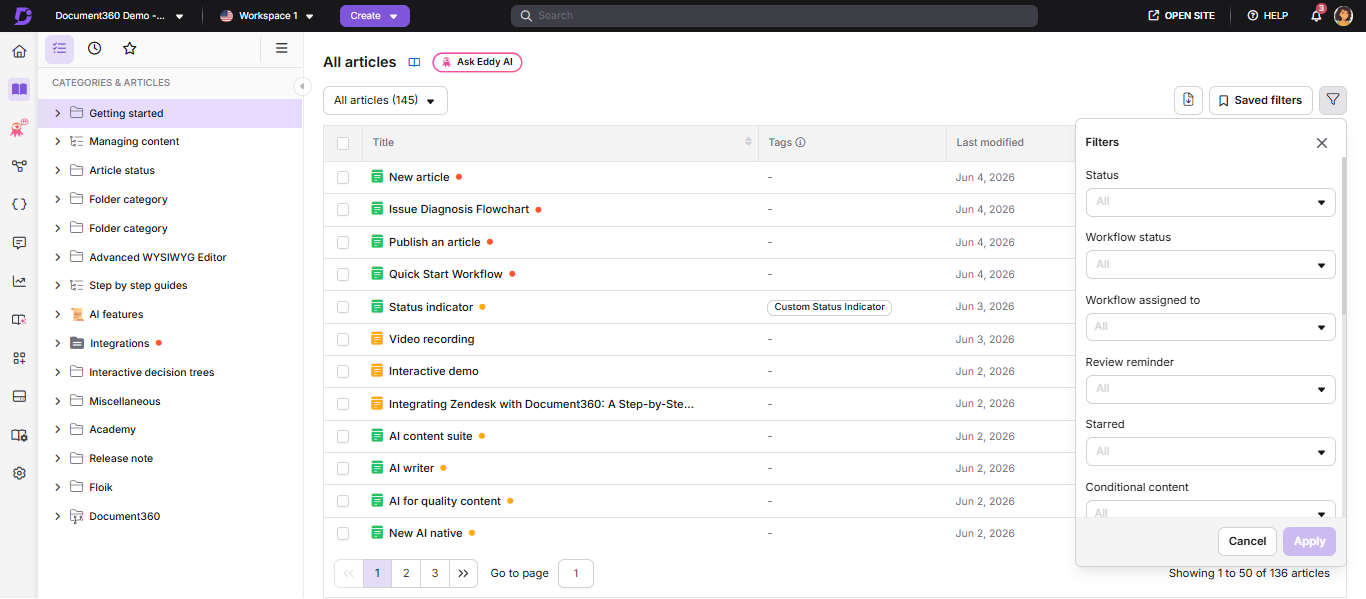 All articles page showing filter options and article list