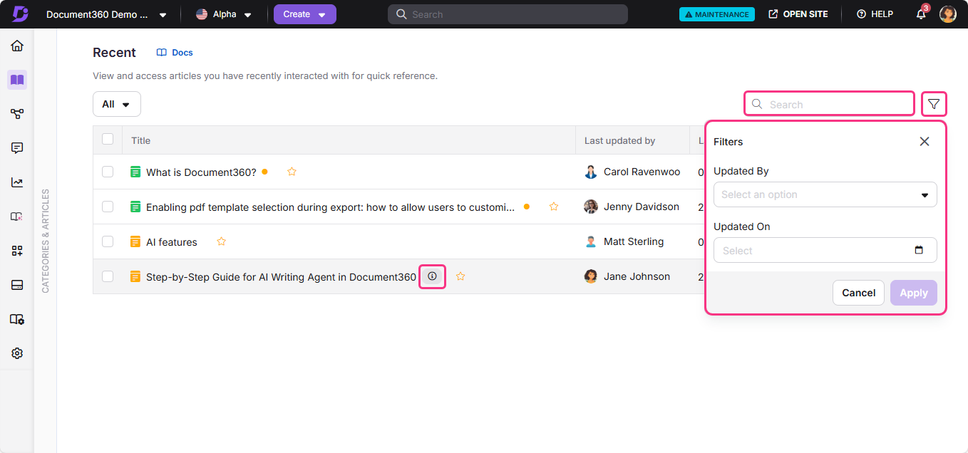 Document360 interface showing recent articles with filter options and user updates.