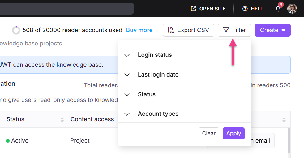 User interface showing account management options and filter dropdown for reader accounts.