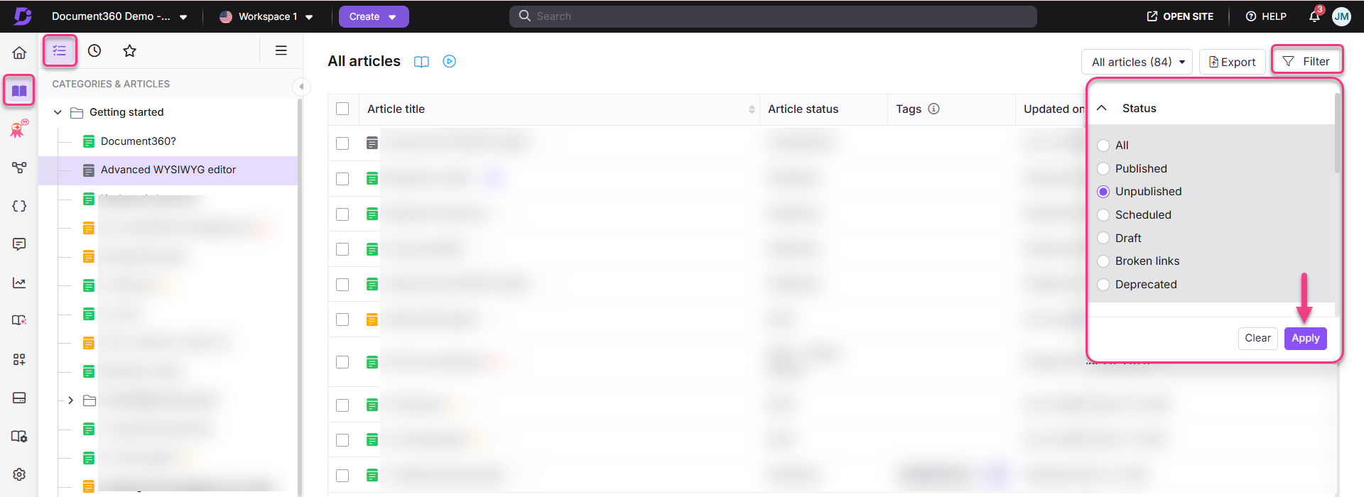 Document360 interface showing article categories and filter options for article status.