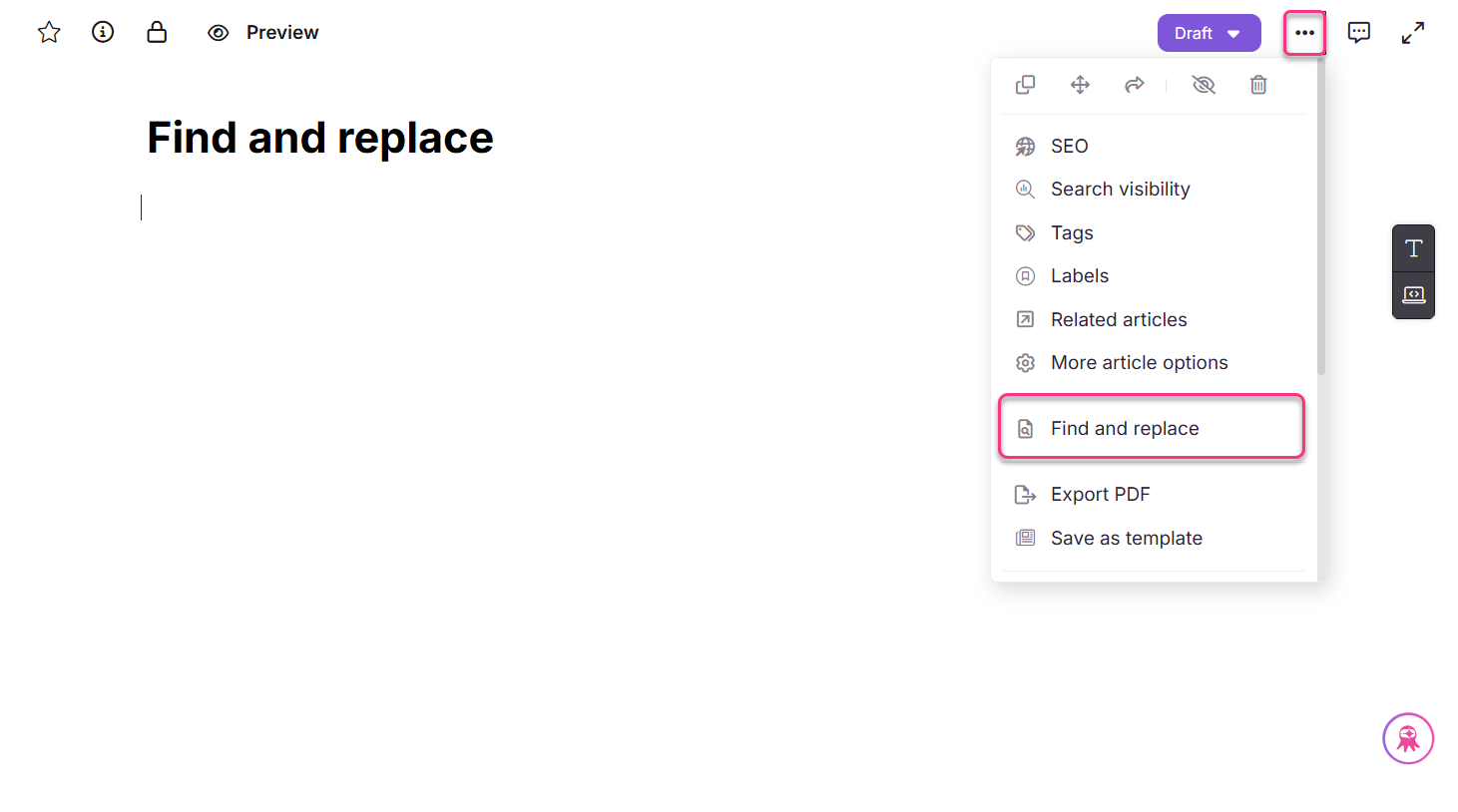 Menu displaying options including 'Find and replace' for document editing.